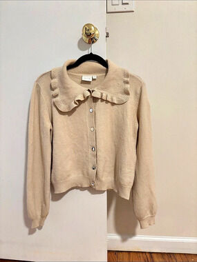 VILA Ruffle Collar Button Front Cardigan in Beige size small